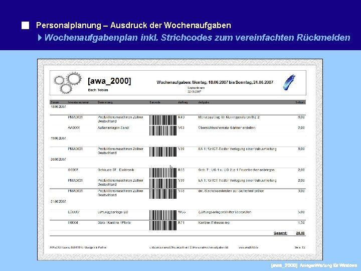 Personalplanung – Ausdruck der Wochenaufgabenplan inkl. Strichcodes zum vereinfachten Rückmelden 