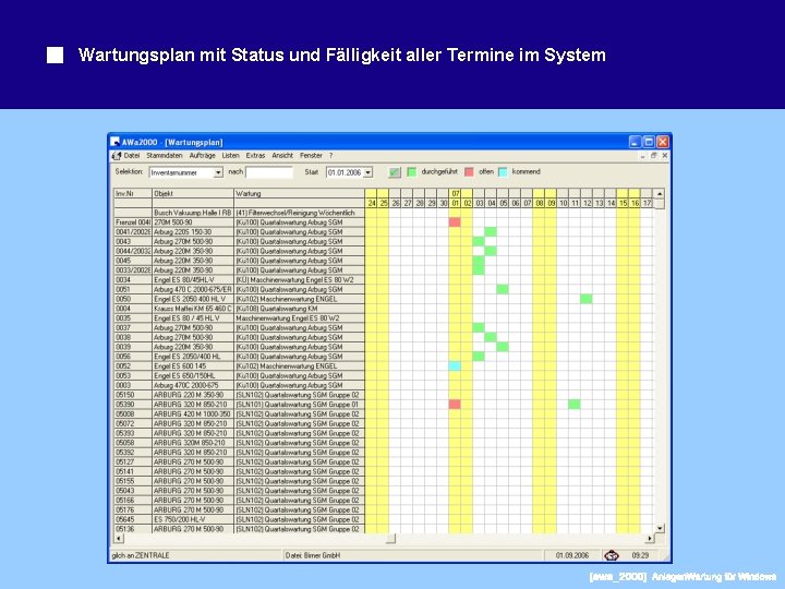 Wartungsplan mit Status und Fälligkeit aller Termine im System 