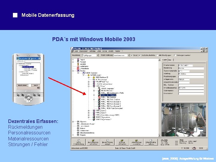 Mobile Datenerfassung PDA´s mit Windows Mobile 2003 Dezentrales Erfassen: Rückmeldungen Personalressourcen Materialressourcen Störungen /