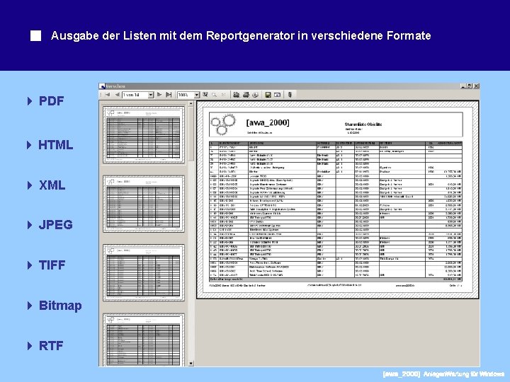 Ausgabe der Listen mit dem Reportgenerator in verschiedene Formate PDF HTML XML JPEG TIFF