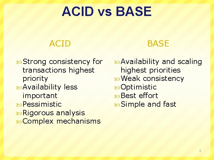 ACID vs BASE ACID Strong consistency for transactions highest priority Availability less important Pessimistic