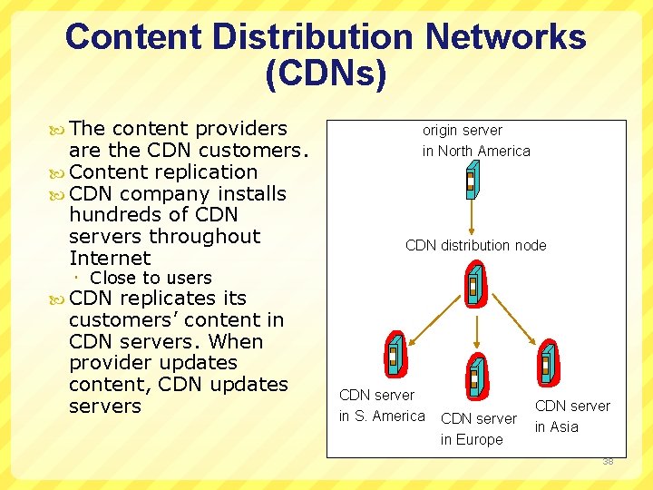 Content Distribution Networks (CDNs) The content providers are the CDN customers. Content replication CDN