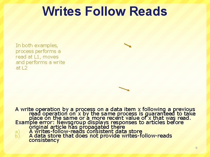 Writes Follow Reads In both examples, process performs a read at L 1, moves