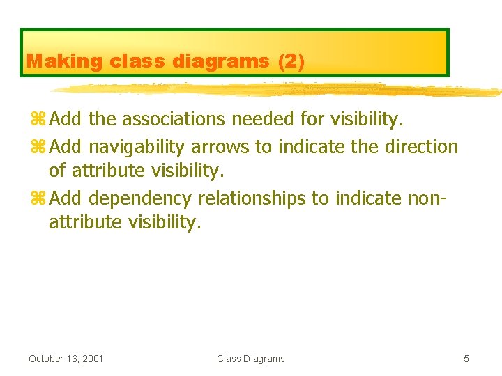 Making class diagrams (2) z Add the associations needed for visibility. z Add navigability