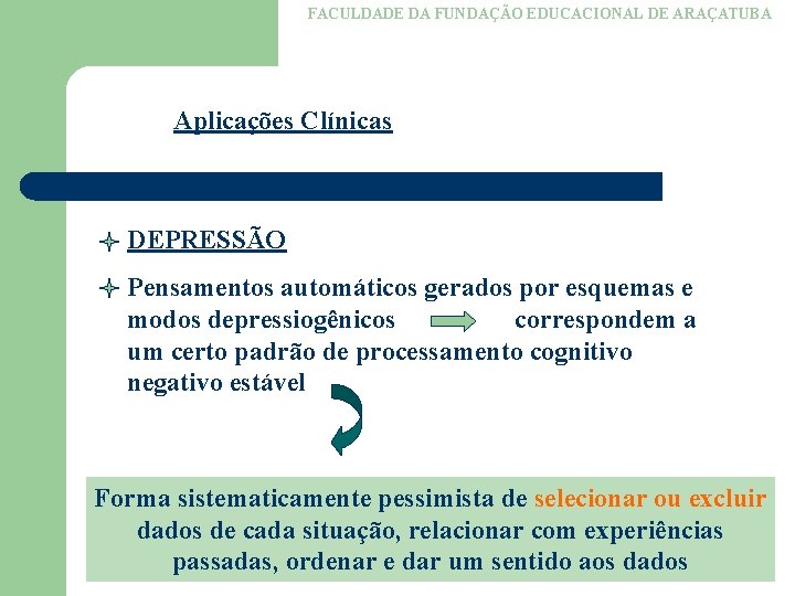 FACULDADE DA FUNDAÇÃO EDUCACIONAL DE ARAÇATUBA Aplicações Clínicas DEPRESSÃO Pensamentos automáticos gerados por esquemas