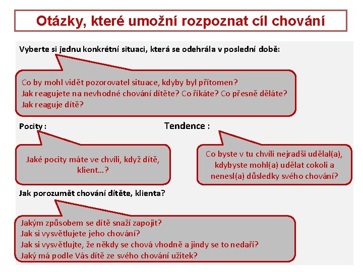 Otázky, které umožní rozpoznat cíl chování Vyberte si jednu konkrétní situaci, která se odehrála