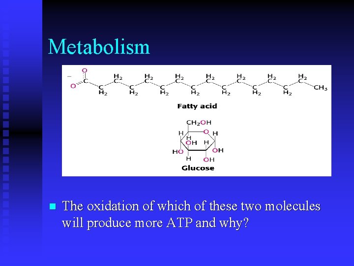 Metabolism n The oxidation of which of these two molecules will produce more ATP