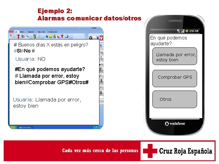 Ejemplo 2: Alarmas comunicar datos/otros # Buenos días X estás en peligro? #SI#No #