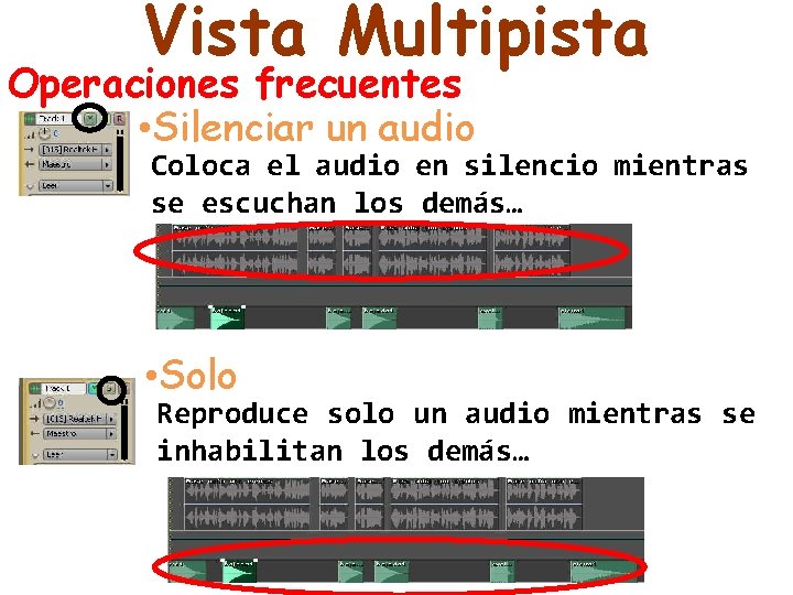 Vista Multipista Operaciones frecuentes • Silenciar un audio Coloca el audio en silencio mientras