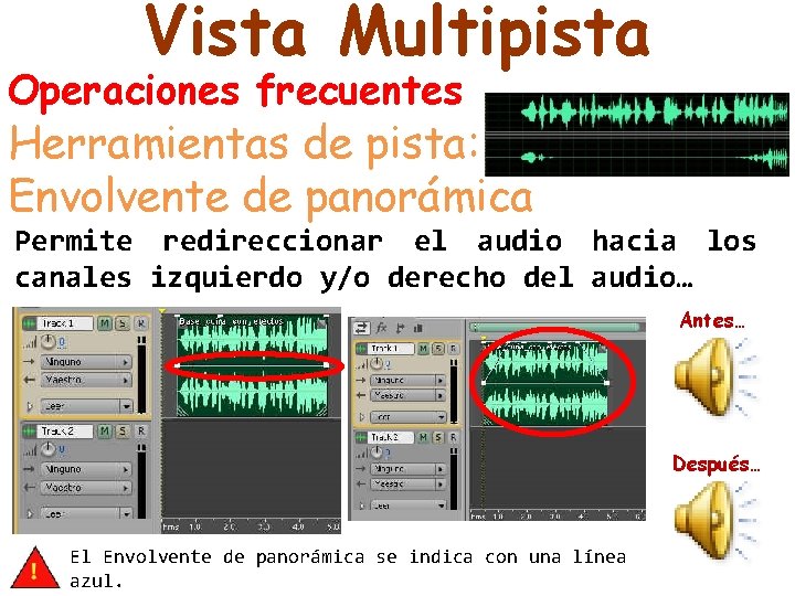 Vista Multipista Operaciones frecuentes Herramientas de pista: Envolvente de panorámica Permite redireccionar el audio