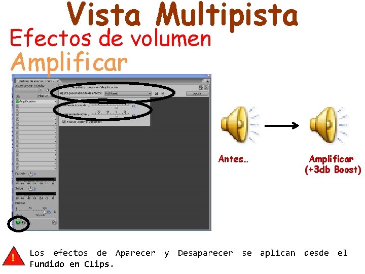 Vista Multipista Efectos de volumen Amplificar Antes… Amplificar (+3 db Boost) Los efectos de