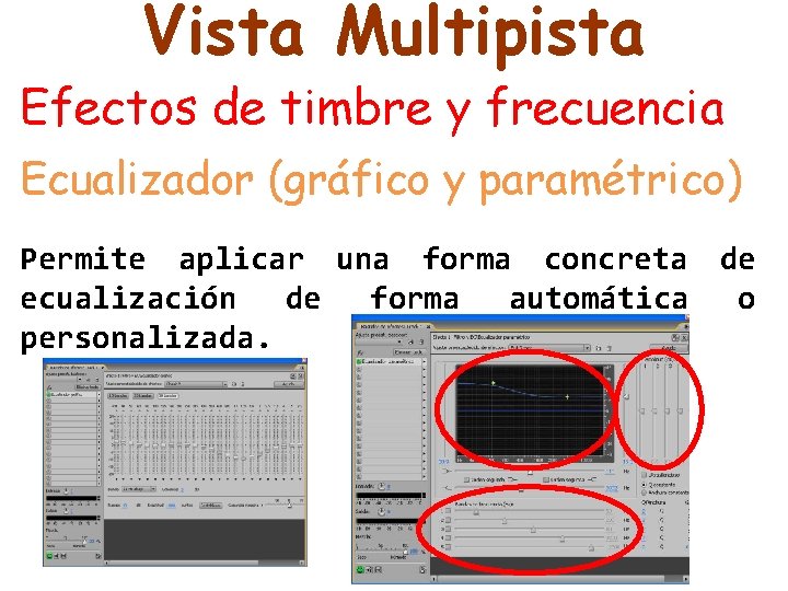 Vista Multipista Efectos de timbre y frecuencia Ecualizador (gráfico y paramétrico) Permite aplicar una