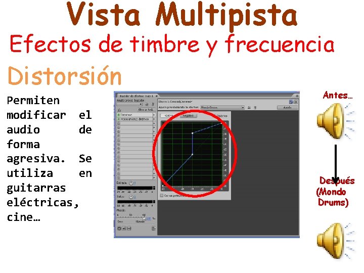 Vista Multipista Efectos de timbre y frecuencia Distorsión Permiten modificar el audio de forma