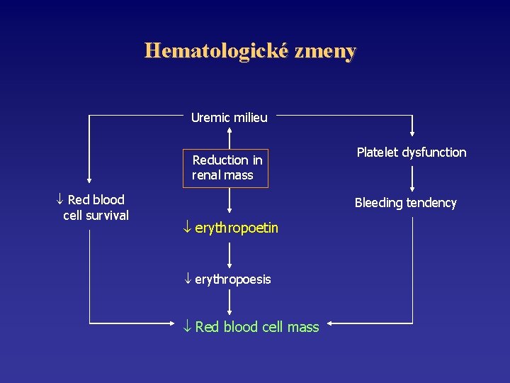 Hematologické zmeny Uremic milieu Reduction in renal mass Red blood cell survival Platelet dysfunction