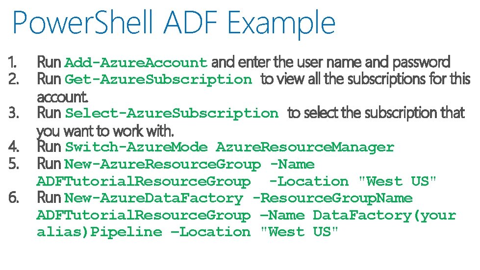 Power. Shell ADF Example 1. 2. 3. 4. 5. 6. Run Add-Azure. Account and