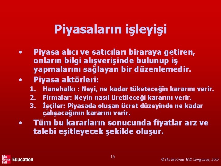 Piyasaların işleyişi • • Piyasa alıcı ve satıcıları biraraya getiren, onların bilgi alışverişinde bulunup