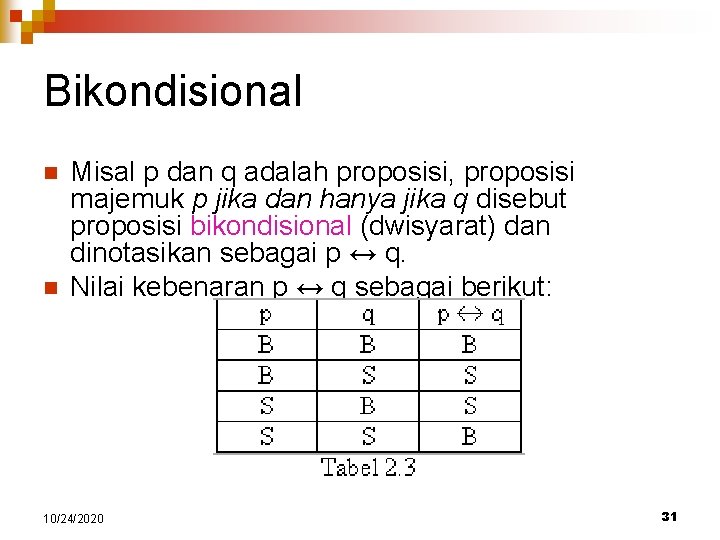 Bikondisional n n Misal p dan q adalah proposisi, proposisi majemuk p jika dan