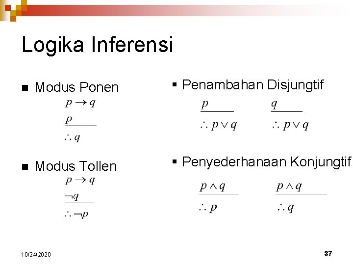 Logika Inferensi n Modus Ponen § Penambahan Disjungtif n Modus Tollen § Penyederhanaan Konjungtif