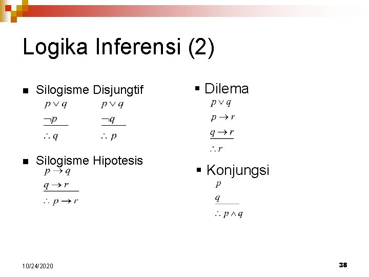 Logika Inferensi (2) n Silogisme Disjungtif n Silogisme Hipotesis 10/24/2020 § Dilema § Konjungsi