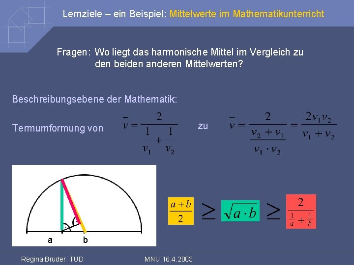 Lernziele – ein Beispiel: Mittelwerte im Mathematikunterricht Fragen: Wo liegt das harmonische Mittel im
