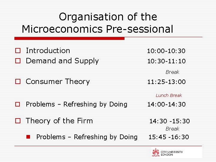 Organisation of the Microeconomics Pre-sessional o Introduction o Demand Supply 10: 00 -10: 30