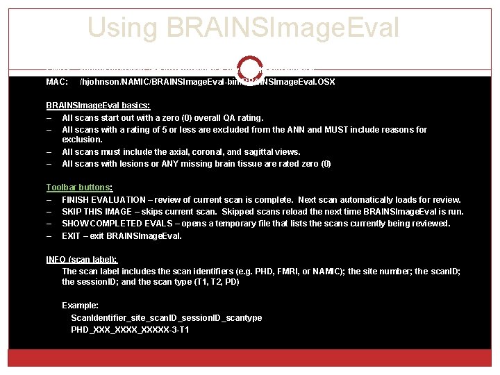 Using BRAINSImage. Eval Scripts to run BRAINSImage. Eval: LINUX: /hjohnson/NAMIC/BRAINSImage. Eval-bin/BRAINSImage. Eval MAC: /hjohnson/NAMIC/BRAINSImage.