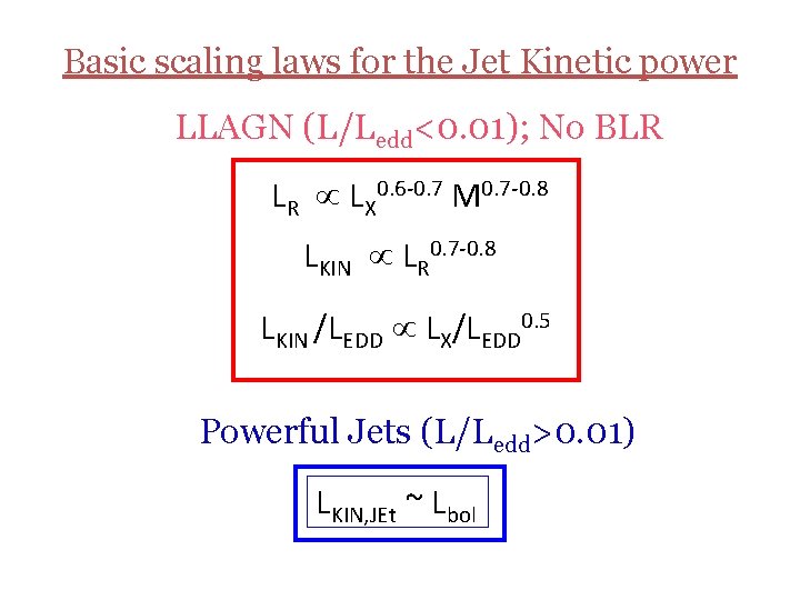 Basic scaling laws for the Jet Kinetic power LLAGN (L/Ledd<0. 01); No BLR LR