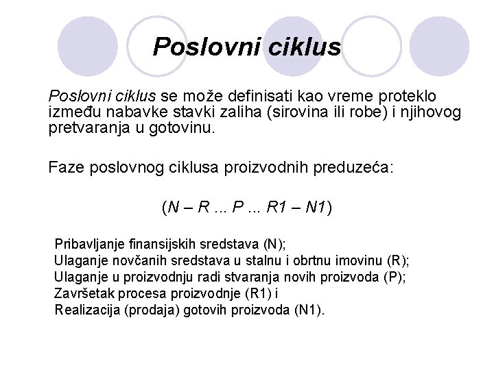 Poslovni ciklus se može definisati kao vreme proteklo između nabavke stavki zaliha (sirovina ili