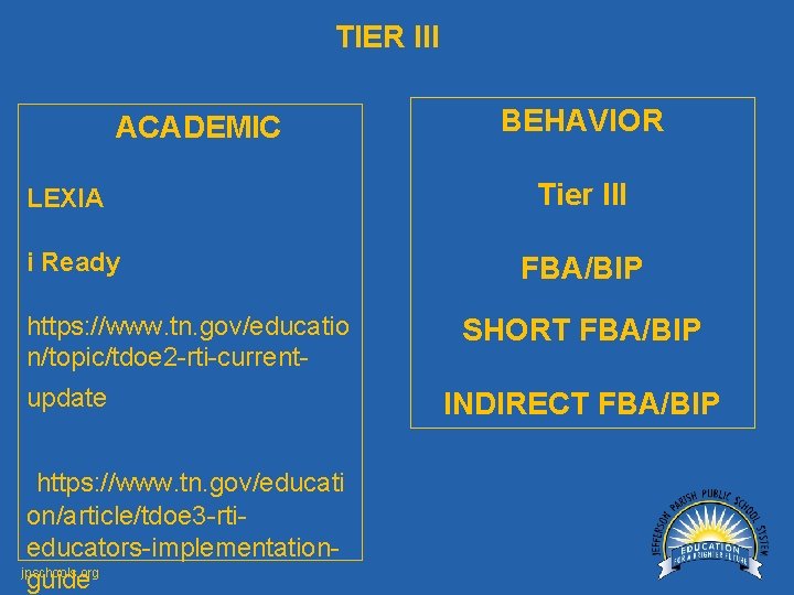 TIER III ACADEMIC LEXIA i Ready https: //www. tn. gov/educatio n/topic/tdoe 2 -rti-currentupdate https: