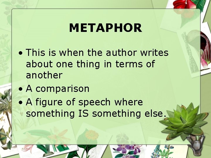 METAPHOR • This is when the author writes about one thing in terms of