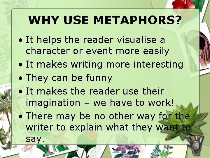 WHY USE METAPHORS? • It helps the reader visualise a character or event more