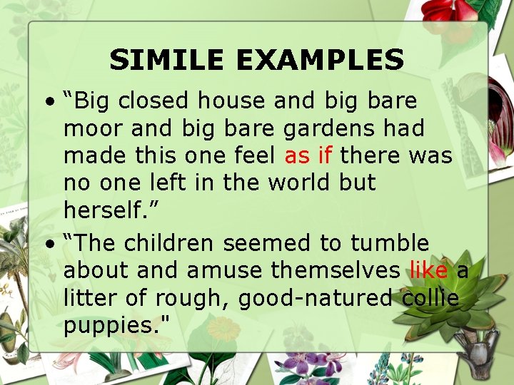 SIMILE EXAMPLES • “Big closed house and big bare moor and big bare gardens