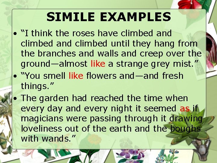 SIMILE EXAMPLES • “I think the roses have climbed and climbed until they hang