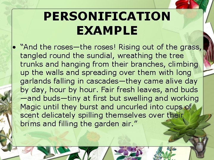 PERSONIFICATION EXAMPLE • “And the roses—the roses! Rising out of the grass, tangled round