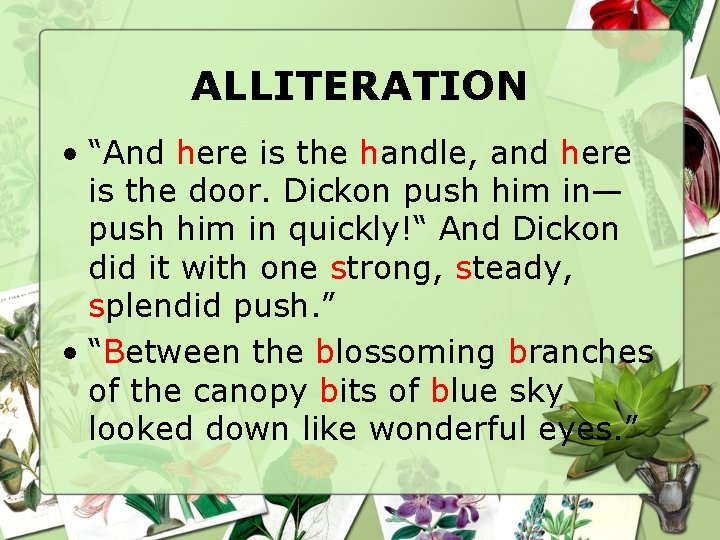 ALLITERATION • “And here is the handle, and here is the door. Dickon push