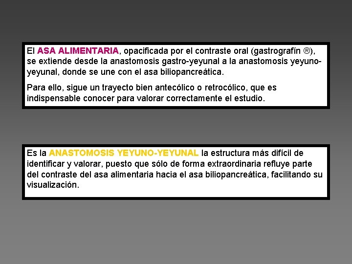 El ASA ALIMENTARIA, opacificada por el contraste oral (gastrografín ®), se extiende desde la
