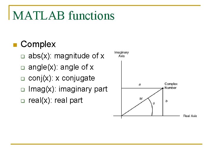 MATLAB functions n Complex q q q abs(x): magnitude of x angle(x): angle of