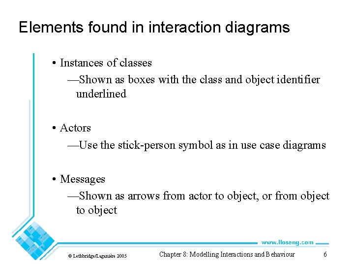 Elements found in interaction diagrams • Instances of classes —Shown as boxes with the