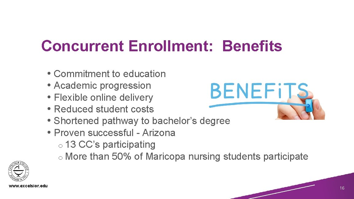 Concurrent Enrollment: Benefits • Commitment to education • Academic progression • Flexible online delivery