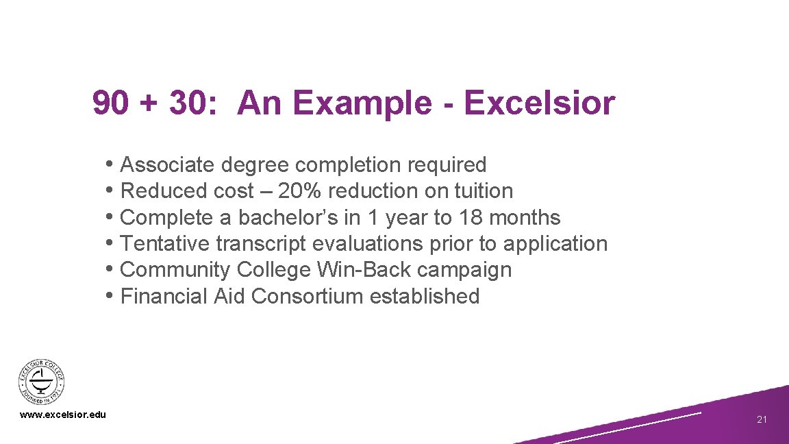 90 + 30: An Example - Excelsior • Associate degree completion required • Reduced