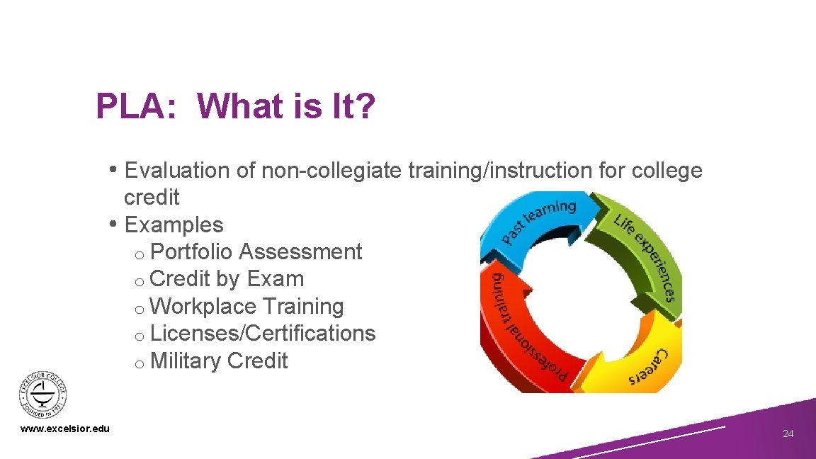 PLA: What is It? • Evaluation of non-collegiate training/instruction for college credit • Examples