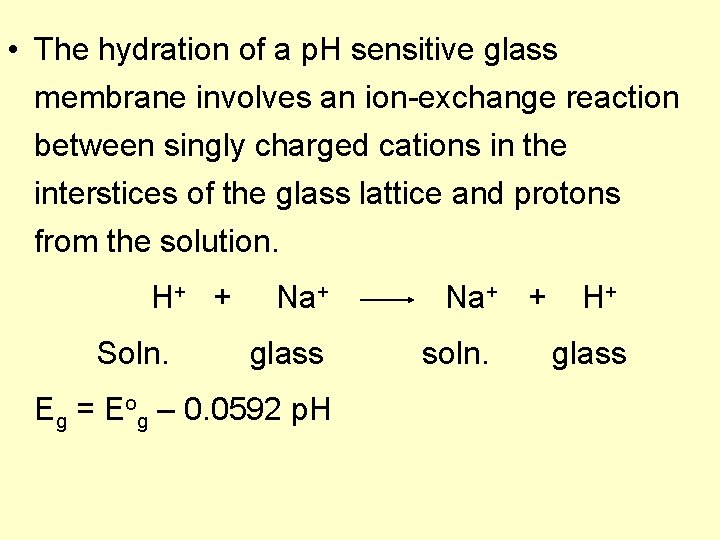  • The hydration of a p. H sensitive glass membrane involves an ion-exchange