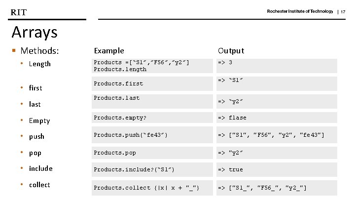 | 17 Arrays § Methods: Example Output • Length Products =[“S 1”, ”F 56”,