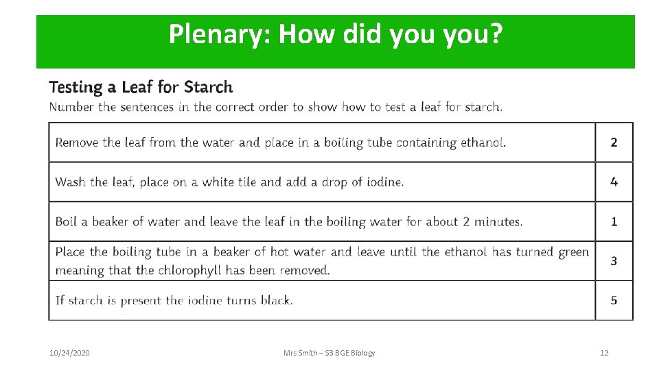 Plenary: How did you? 10/24/2020 Mrs Smith – S 3 BGE Biology 12 