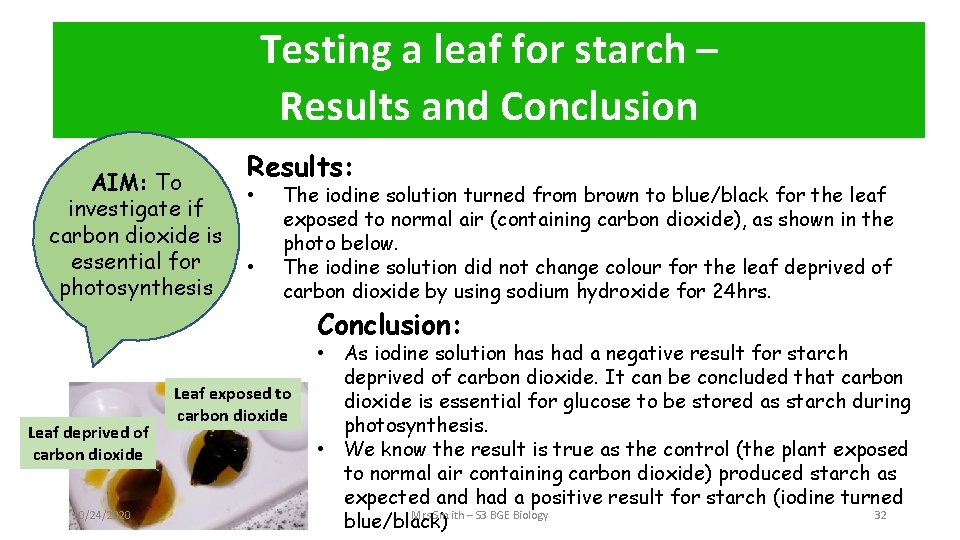 Testing a leaf for starch – Method Results and Conclusion AIM: To investigate if