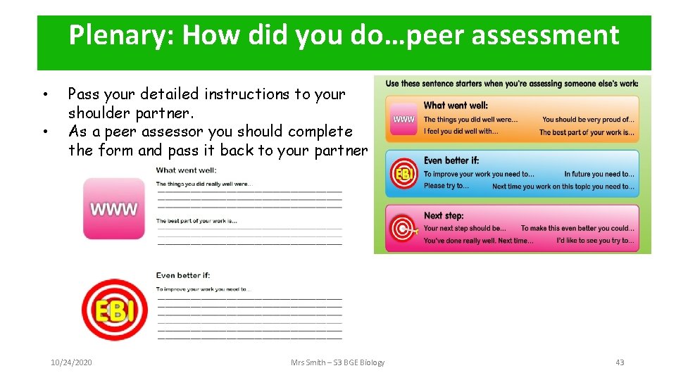 Plenary: How did you do…peer assessment • • Pass your detailed instructions to your