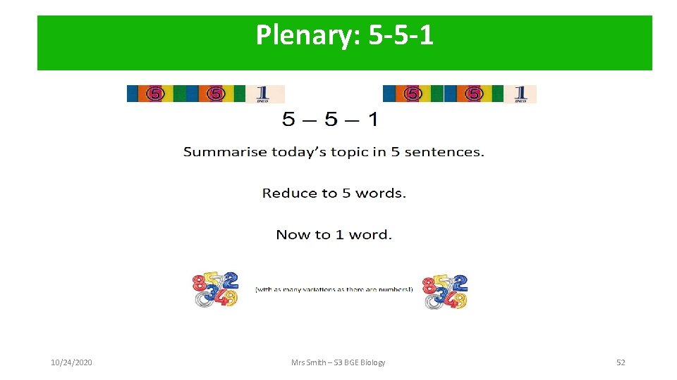 Plenary: 5 -5 -1 10/24/2020 Mrs Smith – S 3 BGE Biology 52 
