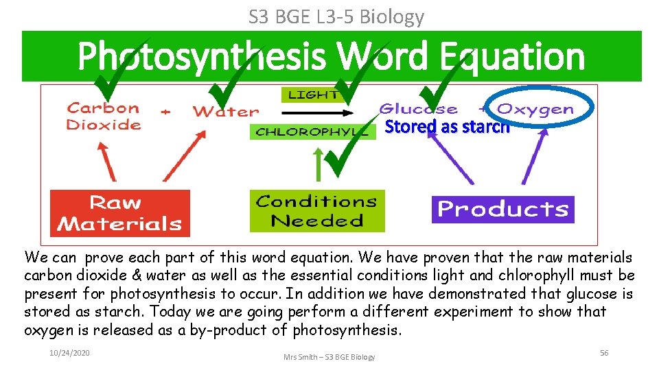 S 3 BGE L 3 -5 Biology Photosynthesis Word Equation Stored as starch We