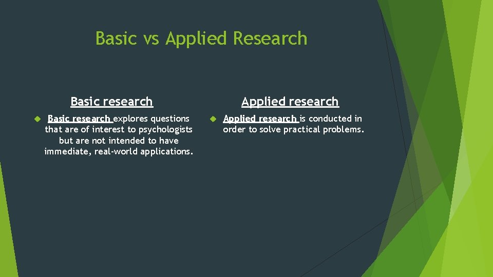 Basic vs Applied Research Basic research explores questions that are of interest to psychologists