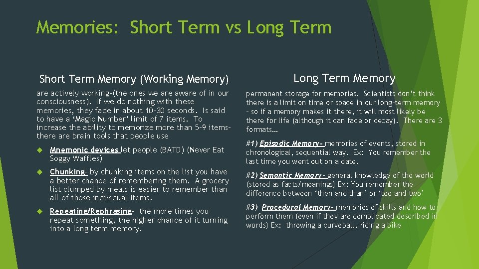 Memories: Short Term vs Long Term Short Term Memory (Working Memory) Long Term Memory